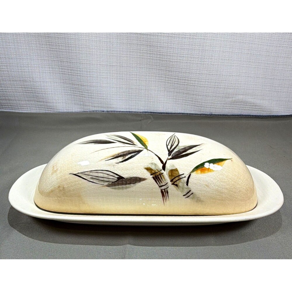 Vintage Kanedai Japan "Grey Bamboo" Hand-Painted Covered Ceramic Butter Dish